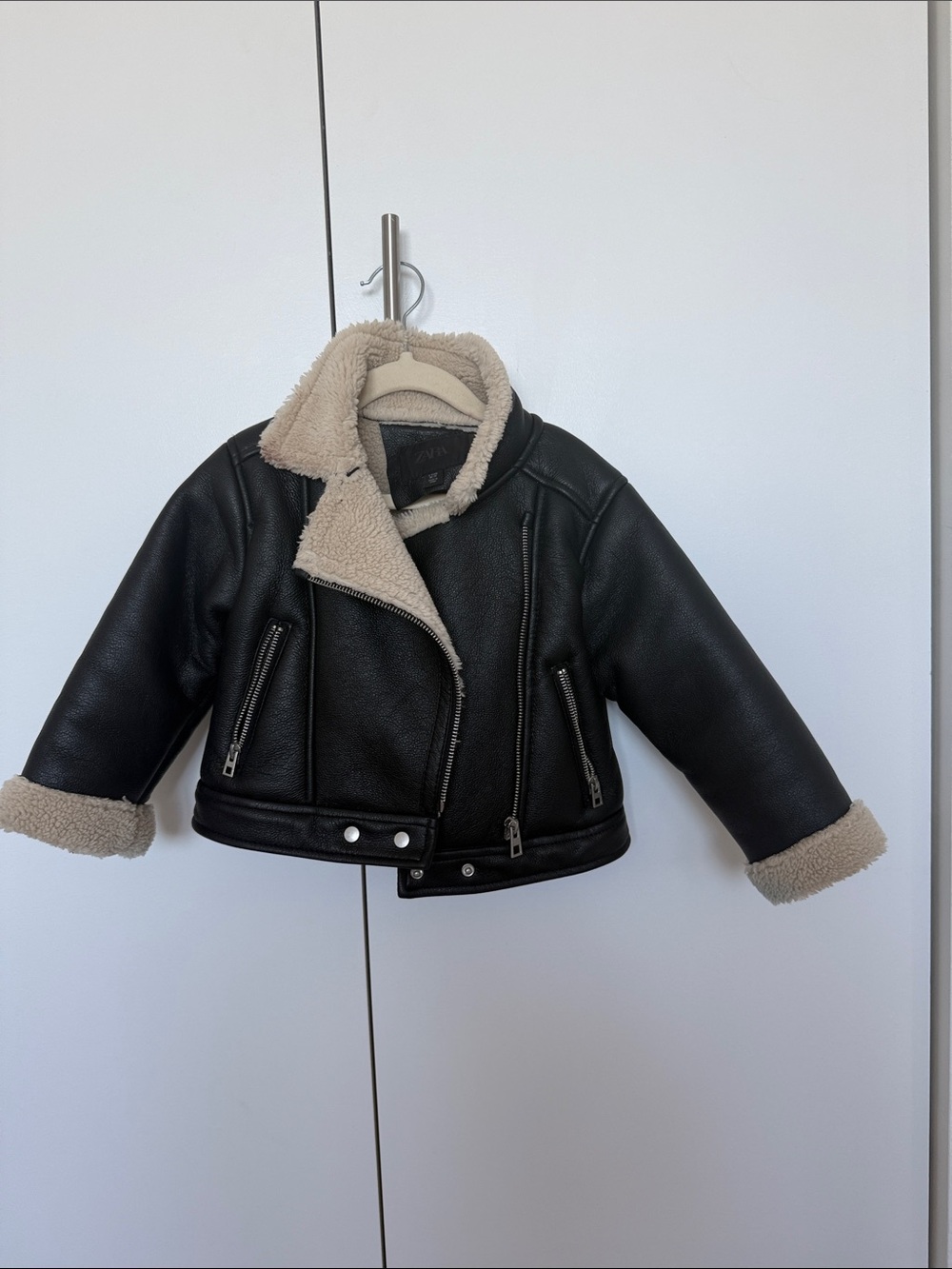 Zara Black Faux Leather Jacket with Cream Sherpa Lining